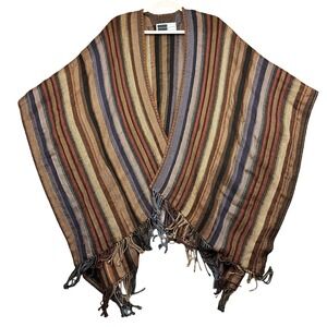 Rhonda Stark Poncho Womens One Size Brown Multicolor Stripe Fringe Boho Wrap